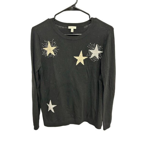 Talbots Petite Black Sweater Star Design Sequin Accents Size SP Bling Celestial - Picture 1 of 9